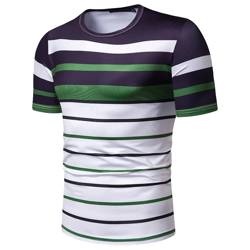 Мужская футболка в контрастную полоску повседневная облегающая с круглым