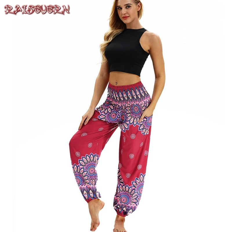 Raisvern женские пляжные брюки, брюки Boho Gypsy Hippie, Женские Широкие штаны-шаровары с принтом павлиньих перьев, эластичные брюки
