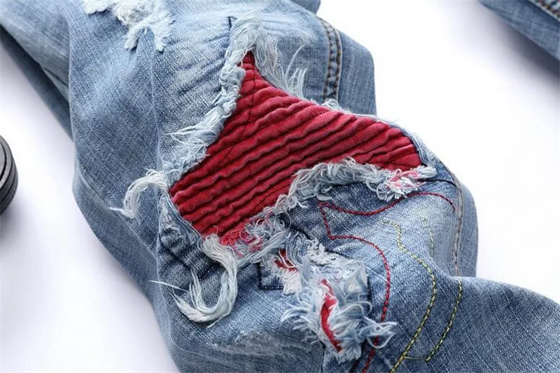 Newsosoo модные Для Мужчин's плиссированные джинсы для байкеров Марка NEW Fashion Hi Street Лоскутная мотоциклетные джинсовые брюки человек с заплатками мото джинсы плюс Размеры 28-42