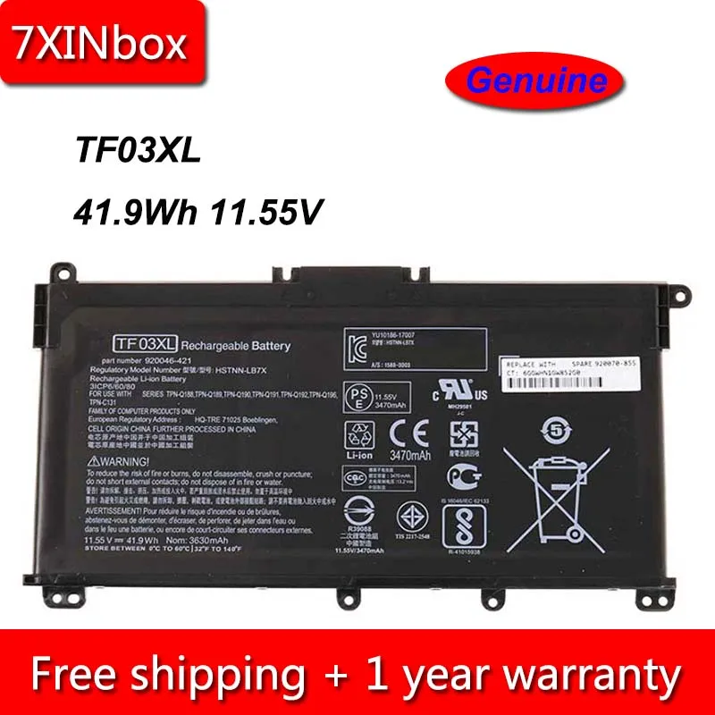 7XINbox 41.9Wh 11 55 V подлинный TF03XL Аккумулятор для ноутбука HP Pavilion 15 CD HSTNN LB7J 920070 855 920046