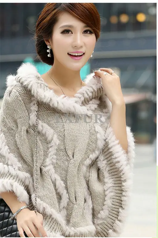 Модные женские вязаные шали с капюшоном и кроличьим мехом повседневные пончо