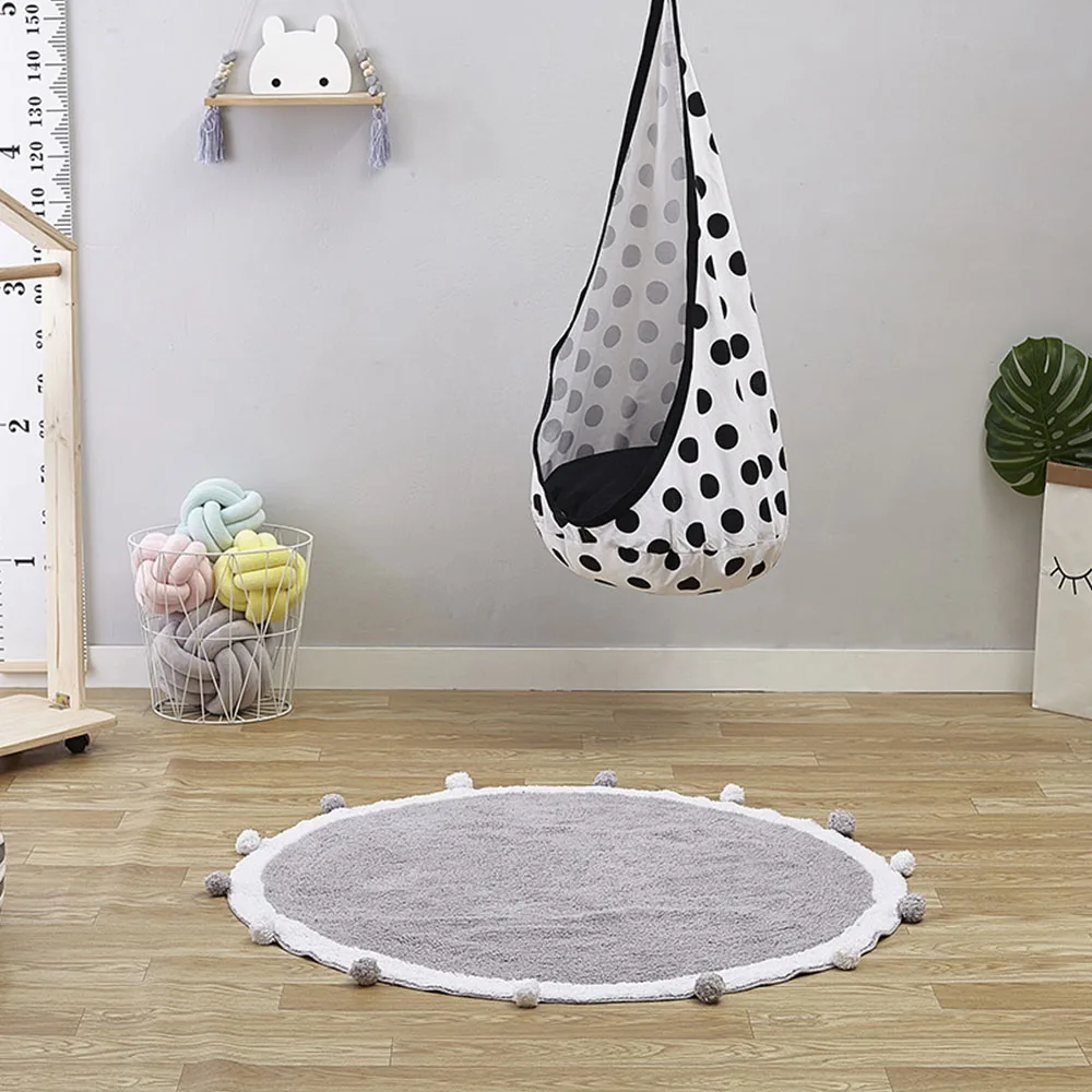 KR20-001 Ручной работы круглый ковер для детской комнаты милый детский коврик для ползания хлопок с помпонами дизайн лучший игровой коврик для детской комнаты и вигвама палатка - Цвет: KR20-001