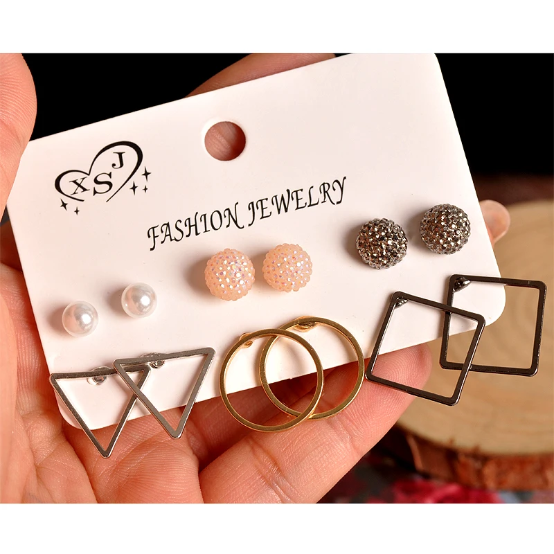 New fashion women accessories wholesale girls birthday party geometric stud mix-and-match 6 pairs /set earrings free of shipping | Украшения
