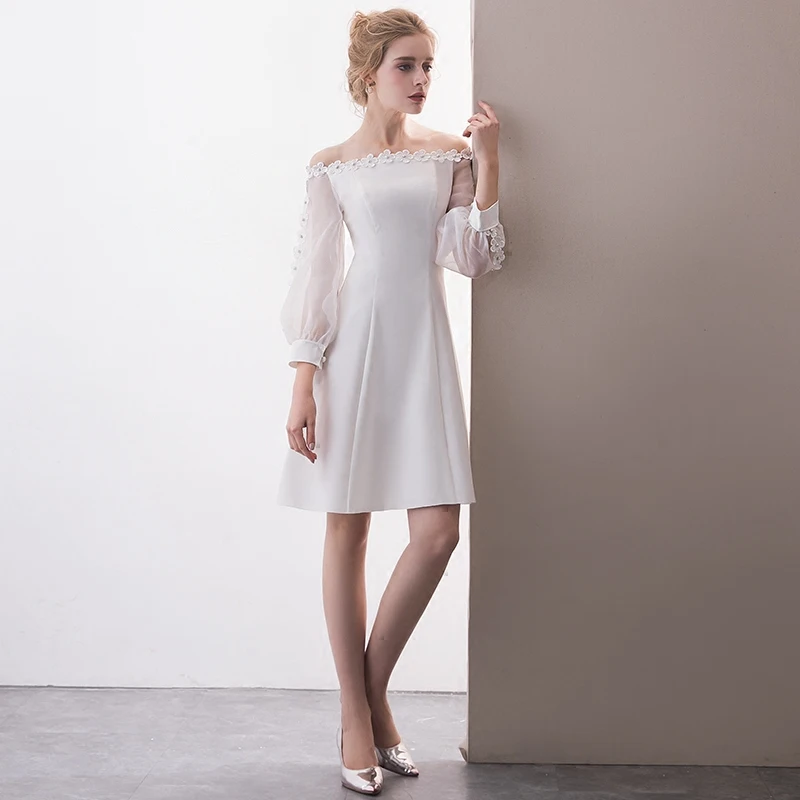 SSYFashion Новые короткие простые коктейльные платья белый вырез лодочкой с длинными