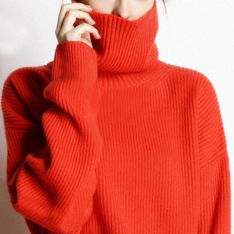 Женский кашемировый свитер с высоким воротом однотонный свободный длинным