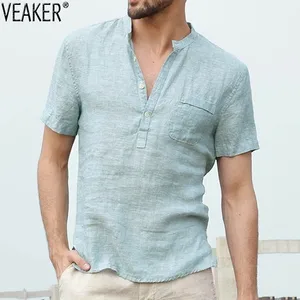 Футболка мужская льняная с воротником-стойкой, пикантная рубашка из хлопка и льна с V-образным вырезом, с короткими рукавами, повседневная, 3XL, лето 2021