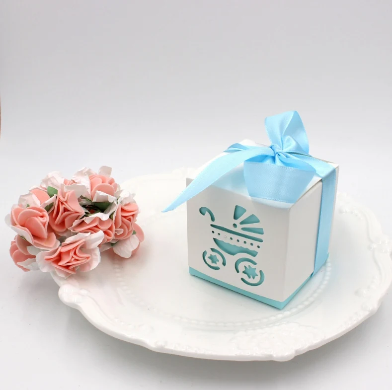 light blue Акция, 50 шт., светильник, синяя детская коробка для сладостей в виде кареты, Свадебная подарочная коробка для детского душа - Цвет: light blue