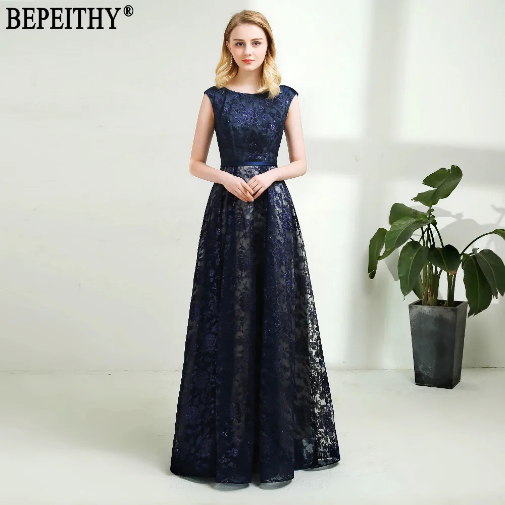 Женское вечернее платье BEPEITHY темно-синее кружевное с длинным рукавом и поясом 2019