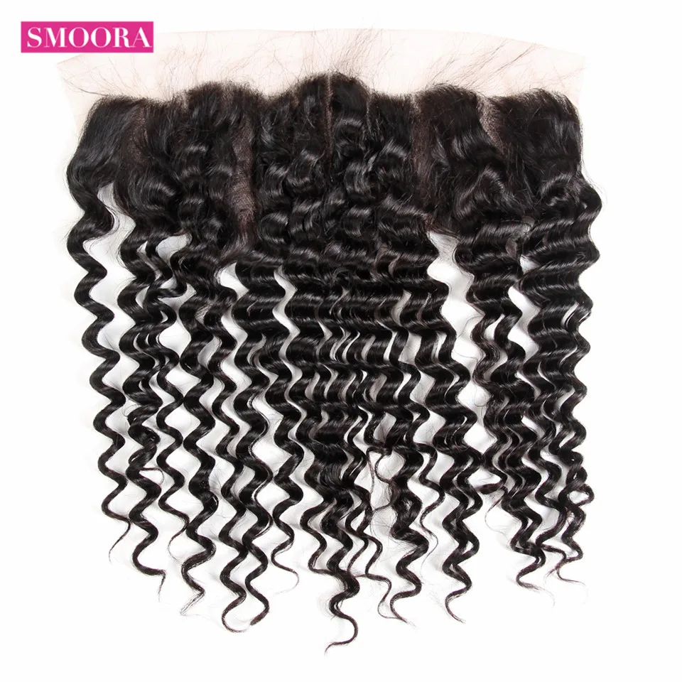 

Smoora Brazilian Deep Wave Bundles with Frontal Human Hair Extensions Non Remy 3 Bundle Hair with Frontal Closure 13*4 Free Part