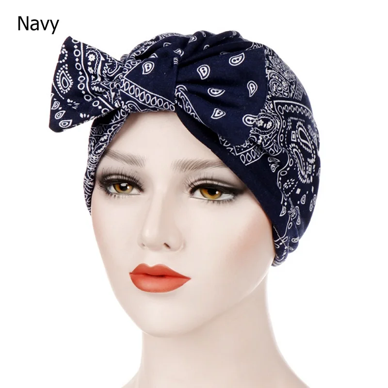 Style 1-navy Бант принт стрейч мусульманский хиджаб для женщин исламский тюрбан-Джерси хлопок шляпа рак Кепка chemo головной убор бини шарф выпадение волос шапка - Цвет: Style 1-navy