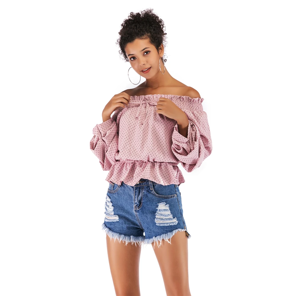 Wiron модные женские блузки сексуальные с открытыми плечами в горошек бант