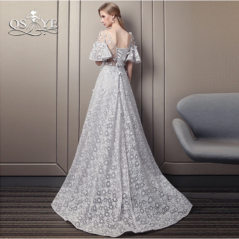 Женское вечернее платье с объемным цветком QSYYE серебристое длинное для