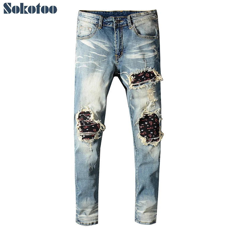 Special price! Men's bandanna paisley printed biker jeans for motorcycle Vintage blue ripped stretch denim pants | Мужская одежда