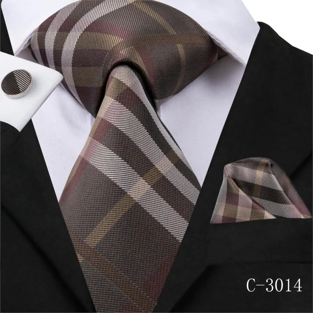 C-3014 C-3014 Hi-Tie мужской галстук шелковый галстук Клетчатые Коричневые галстуки для мужчин высококачественный носовой платок запонки набор мужской свадебный кармашек квадратный галстук - Цвет: C-3014