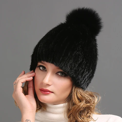 Black with BLK pom FURTALK ручной вязки естественно норки чернобурки меховые кисточки норки меховая шапка для женщин - Цвет: Black with BLK pom