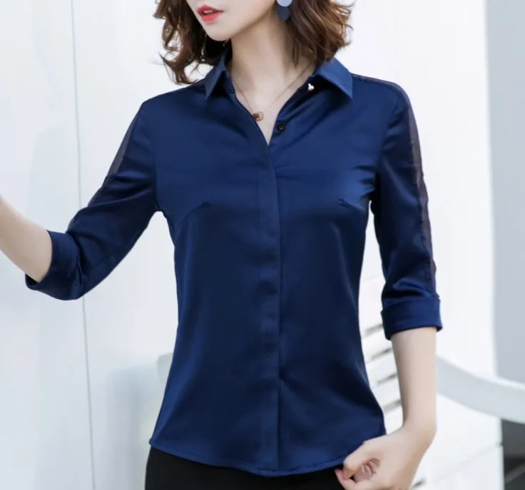 Navy blue Fashion women Satin shirt Summer new half sleeve casual loose blouses office ladies plus size work wear tops - Цвет: Navy blue
