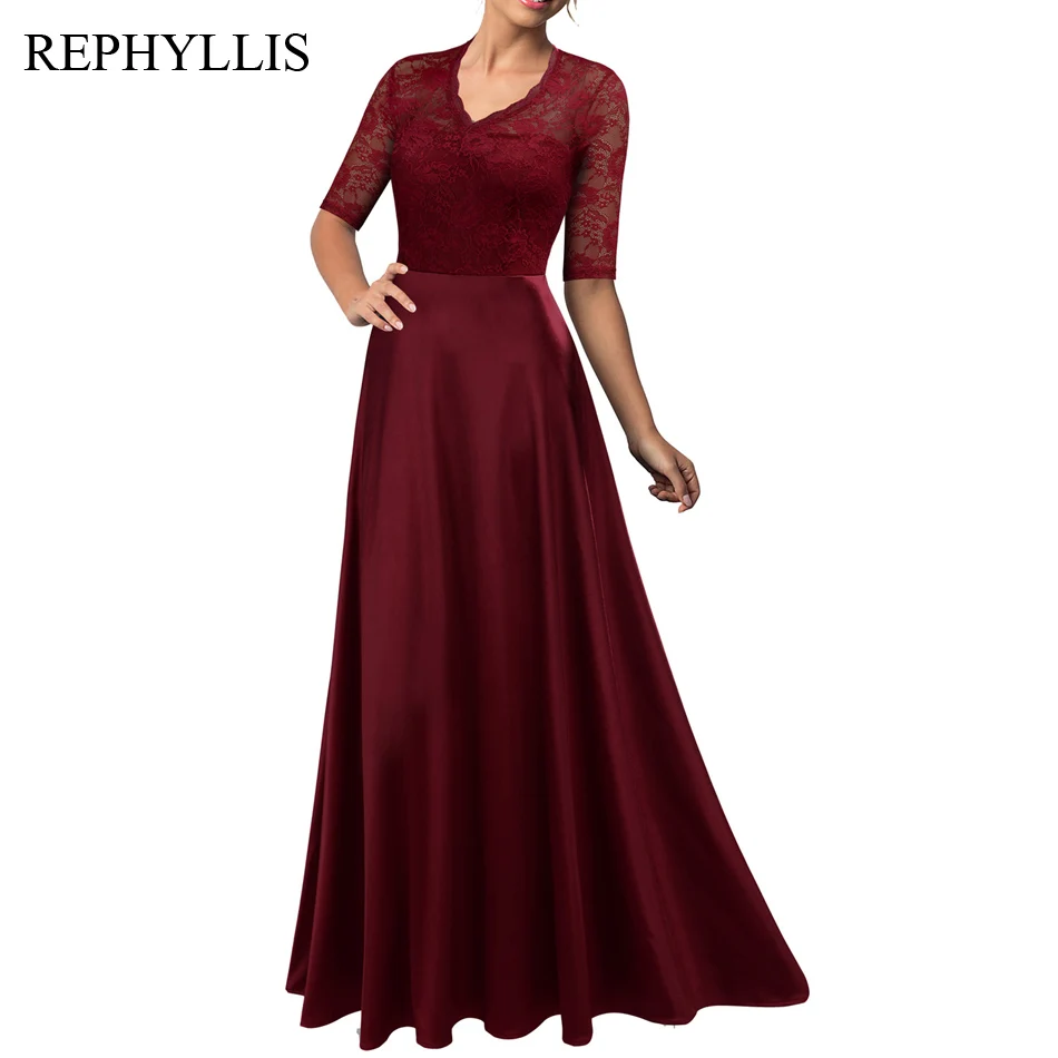 REPHYLLIS женское кружевное платье с рукавом 1/2 и v-образным вырезом сзади, прозрачное свадебное вечернее платье, вечерние церемония банкета, длинное торжественное платье - Цвет: Burgundy