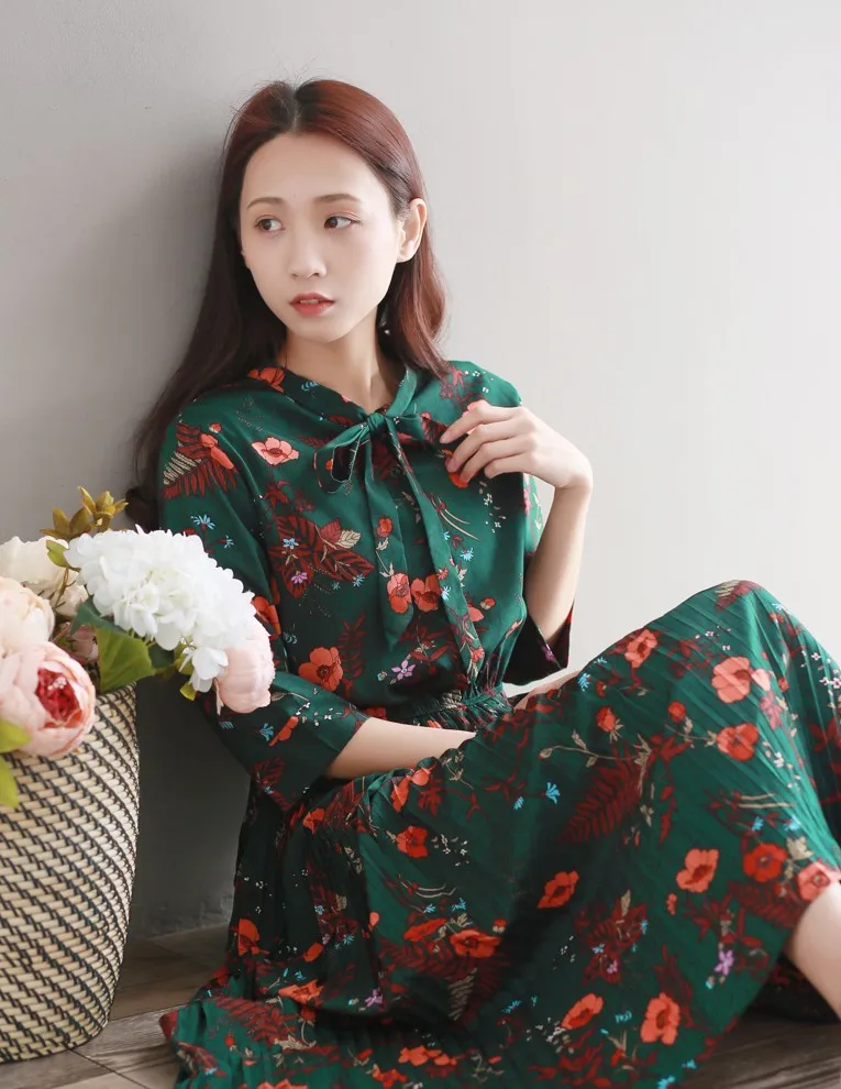 Banulin Mori Girl, Ретро стиль, Зеленое Длинное платье с цветочным принтом, новинка, весна-лето, женские плиссированные шифоновые платья с цветами