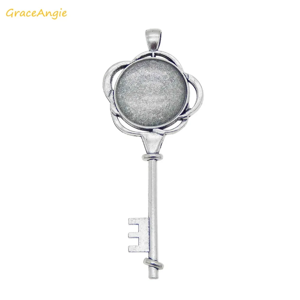 GraceAngie Antique Silver Flower key shape Cabochon Pendant Alloy Charms with Glass Cameo For DIY Necklace Making Findings | Украшения и
