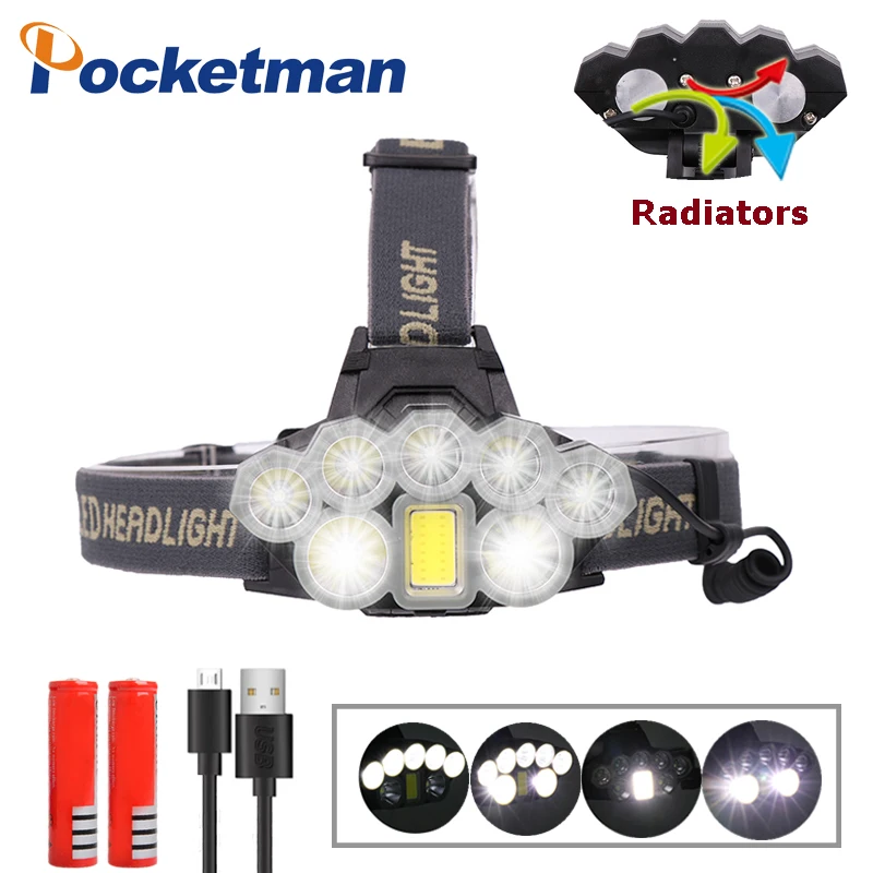 with battery 60000LM налобный фонарь 2* T6+ 5* XPE+ COB светодиодный налобный фонарь USB налобный фонарь 6-режимный фары для рыбалки, кемпинга, карманный фонарик с 18650 Батарея - Испускаемый цвет: with battery