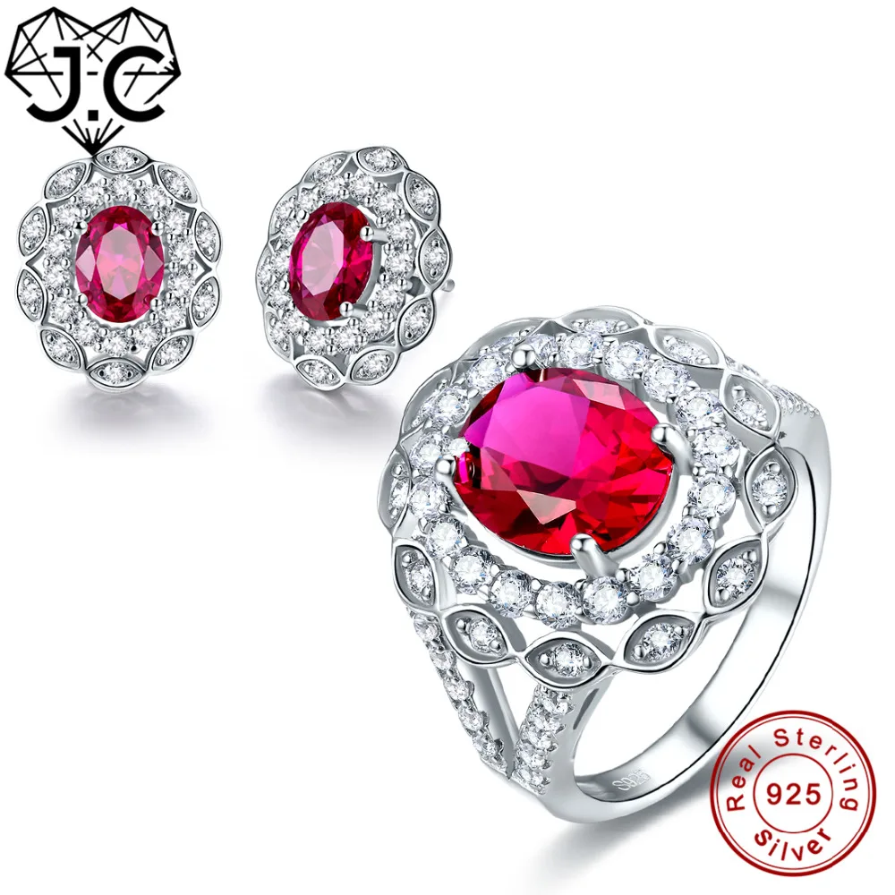 

J.C Women Lady Oval Sparkling Luxury Ruby White Topaz Ring & Earring Genuine Solid 925 Standard Sterling Silver Jewelry Set