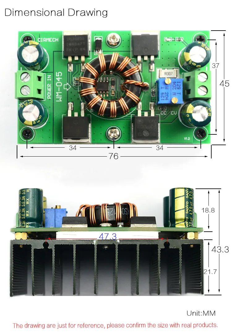 CIRMECH постоянное напряжение постоянного тока Регулируемая Автоматическая подъемная и понижающая плата питания CV CC 8A силовой модуль