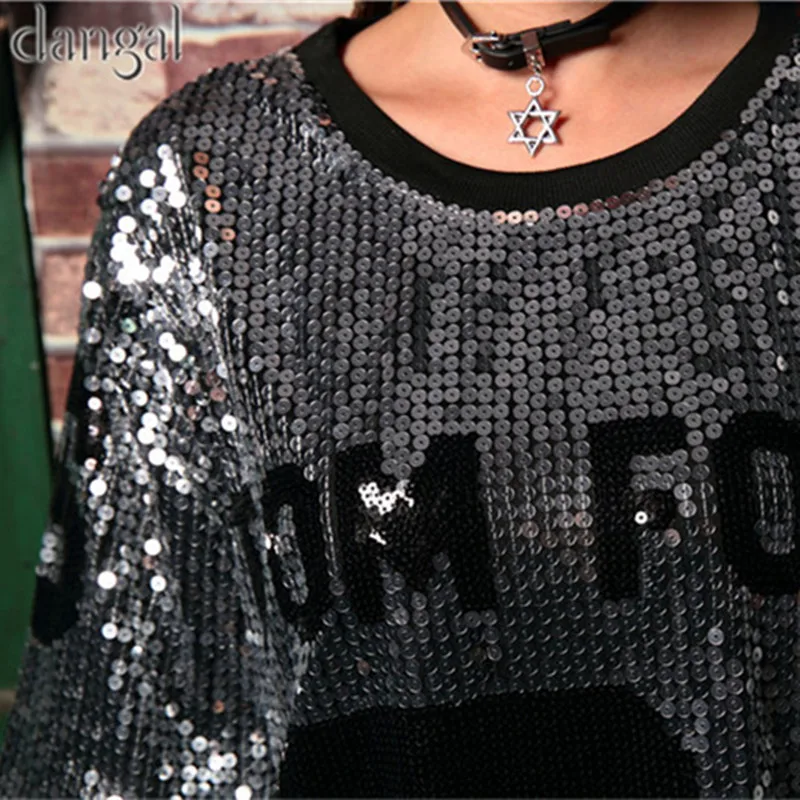 Серебристая Футболка с блестками 2018 модная футболка в стиле хип-хоп свободная