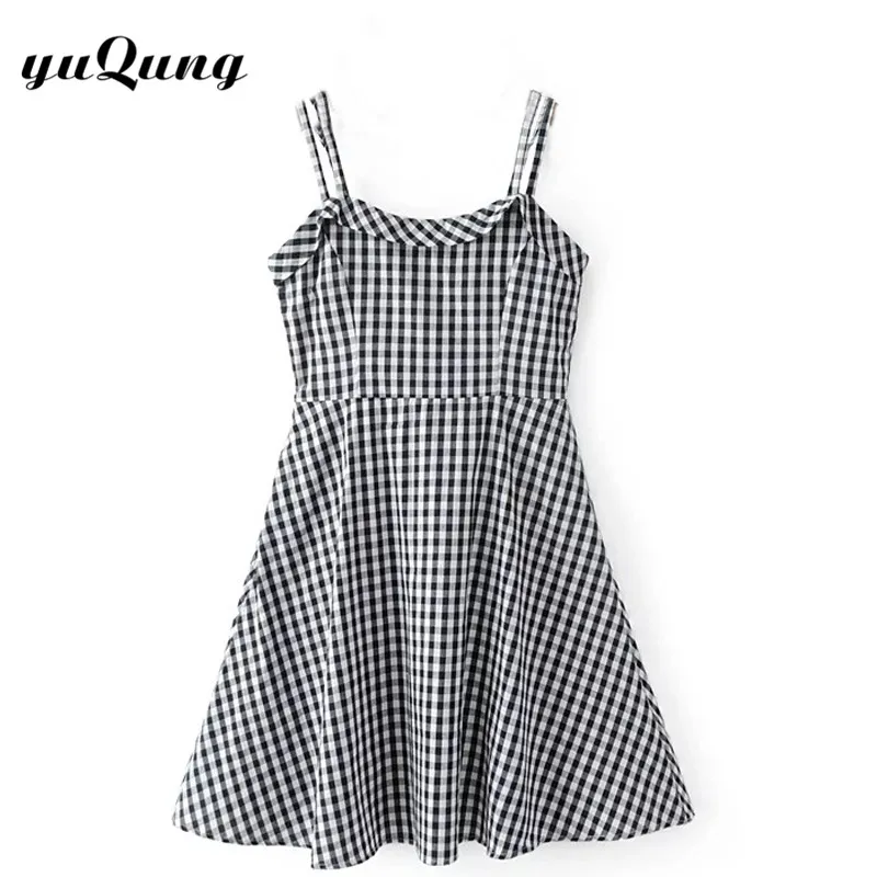 Yuqung 2017 пляж лето dress винтаж плед линия мини сарафан высокой талией sleeveless short