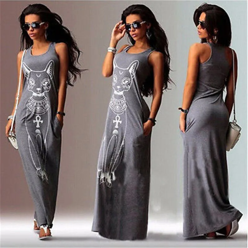 Women Summer Long Dress 2016 Sexy Casual Cat Print Boho Maxi Beach Evening Party Vest Sundress | Женская одежда