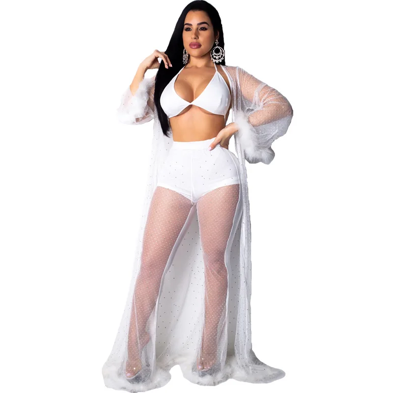 Женский костюм CY8135 длинное Сетчатое пальто с накидкой бюстгальтером и штанами со