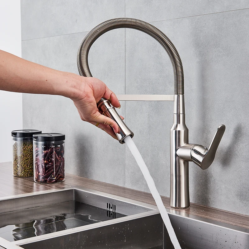 Хромированный/матовый никелевый пружинный кухонный смеситель для раковины