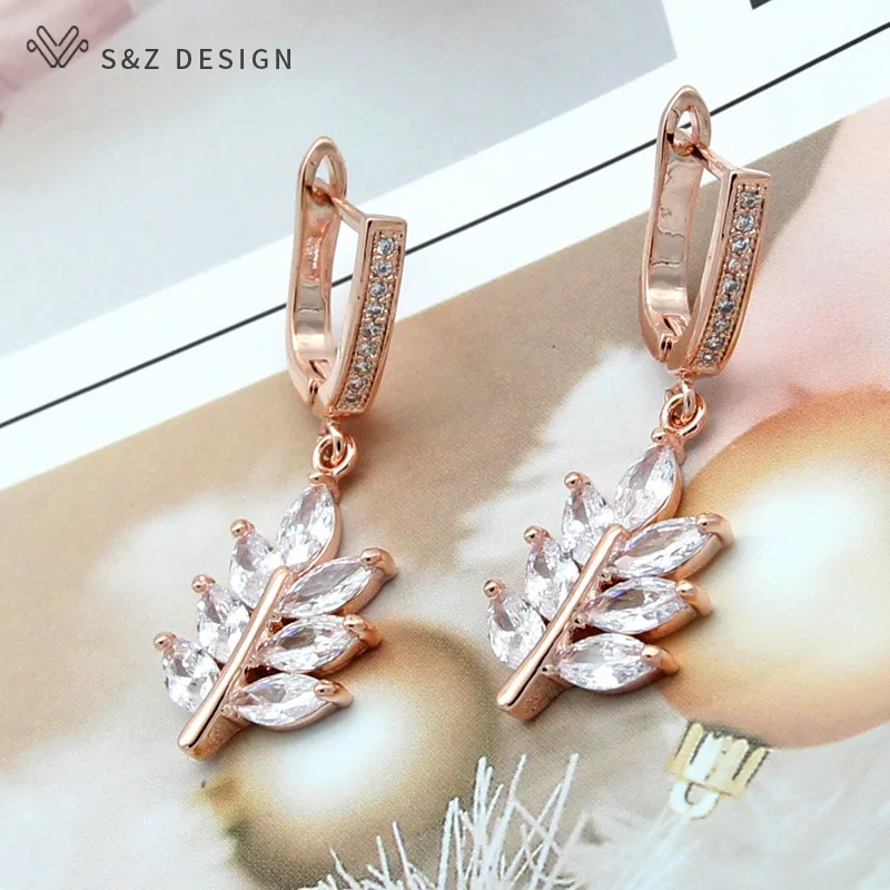 Женские серьги подвески S & Z из розового золота 585 пробы с инкрустацией микровоска