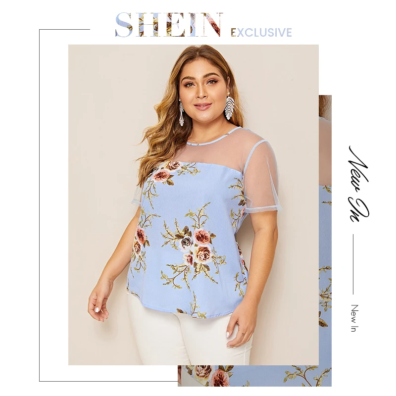 SHEIN Топ С Цветочным Принтом Размера Плюс Плюс Размер Женские Летние Повседневные Блузки С Цветочным Принтом
