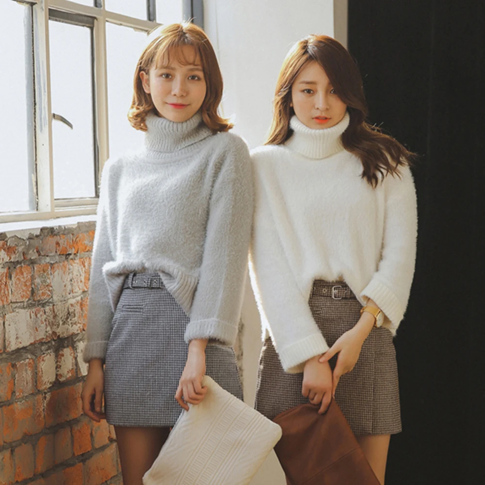 2019 Female Loose Cashmere Knit Sweater Big Sleeves Turtleneck Crop Top Pullover Women Winter Thicken Warm Knitwear Wool | Женская