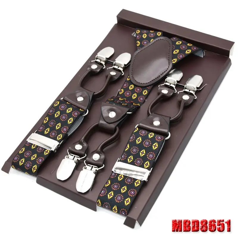 MBD8651 Мужские подтяжки темно-коричневый кожаный ремень 6 клипов в западном стиле брюки подтяжки Спагетти ремень y-образные скобы для взрослых - Цвет: MBD8651