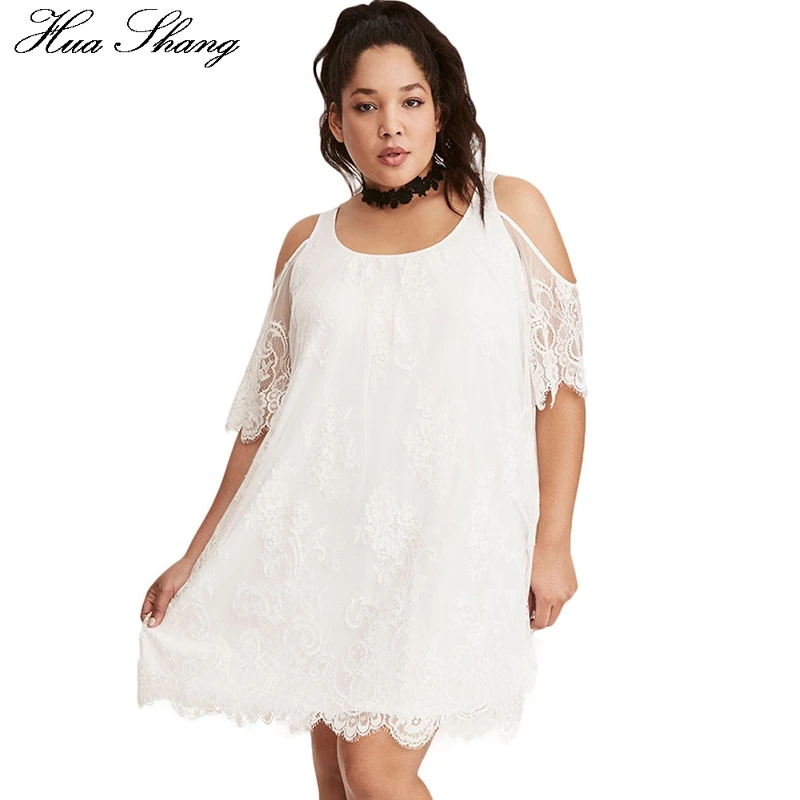 XXXL плюс Размеры Cold Shoulder Dress белый Для женщин Лето O шеи Половина рукава Кружева вечерние сексуальные мини-платье Клубная одежда Туника пляжные наряды