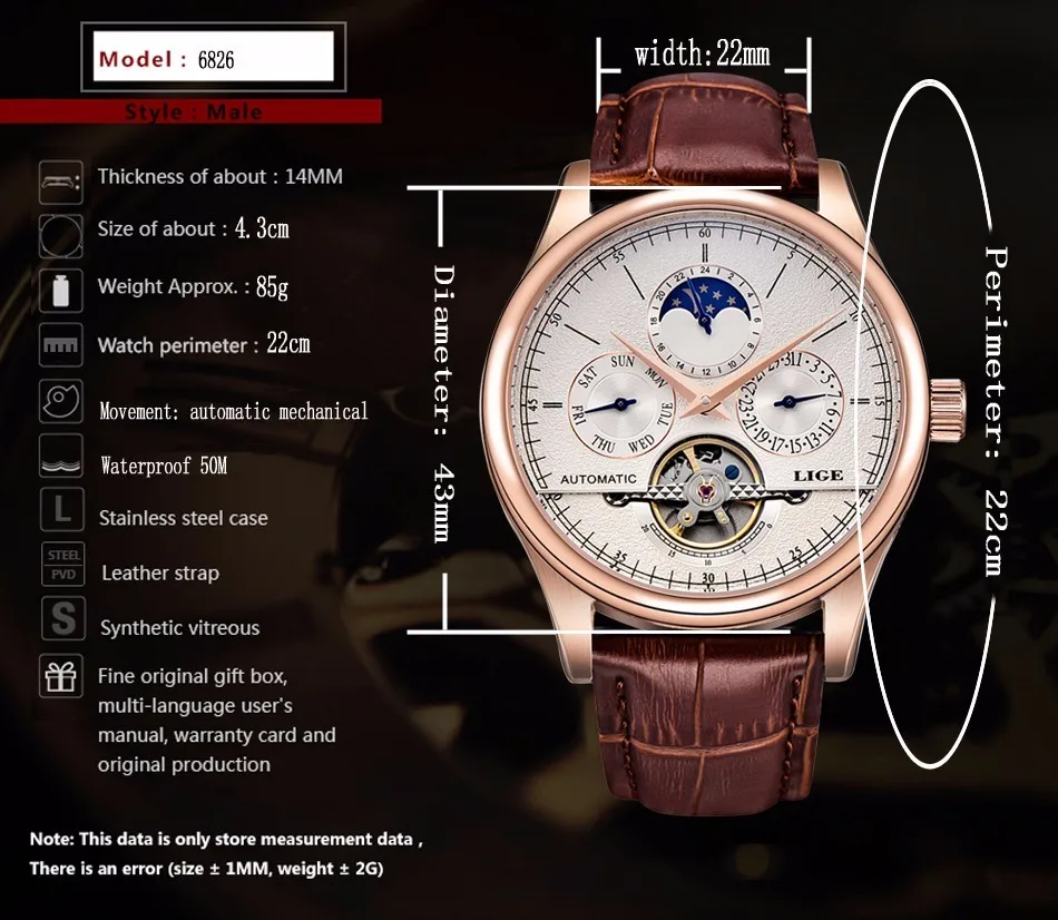 LIGE, Брендовые мужские часы, автоматические механические часы, Tourbillon, спортивные часы, кожаные, повседневные, деловые, наручные часы, золотые, Relojes Hombre