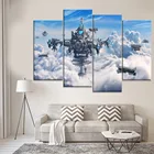Картина для дома, декоративная, HD-печать, 4 шт., голубое небо, научная фантастика, город и дирижабль, настенная живопись, модульный плакат на холсте