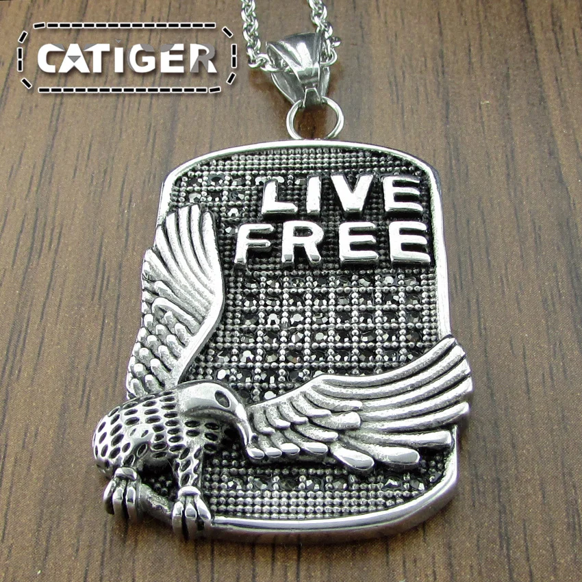 Punk 316L Stainless Steel Silver color Black Rhinestone Live Free Eagle Biker Pendant (Include the Link Chain For Free) | Украшения и