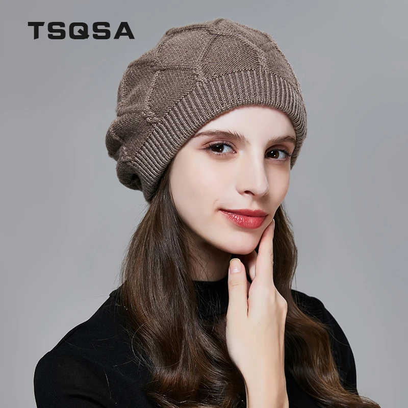 TSQSA Зимняя Теплая Шапка Для Женщин Шерстяная Вязаная Мода Твердые Шапочки