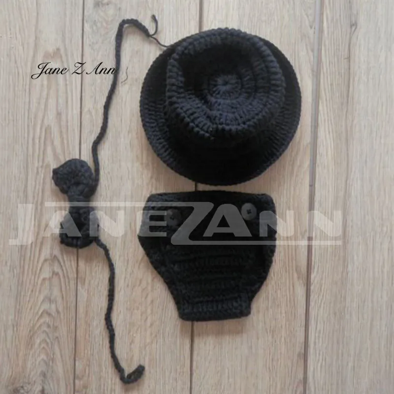Jane Z Ann Newborn photography props hat+pants+bow tie infant boy gentlemen crochet outfit handmade knitting cotton yarn clothes | Детская