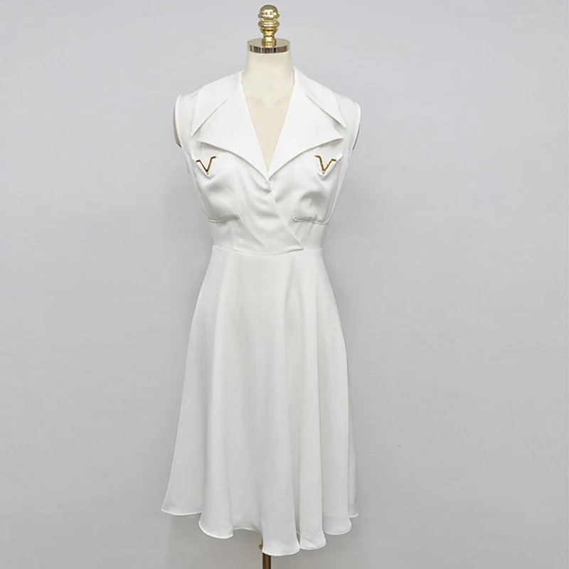 

2019 Summer New Women's Notched Neck Sleeveless Fashion Party Workplace Sexy Vintage Elegant Chic Office White Dress Vestidos