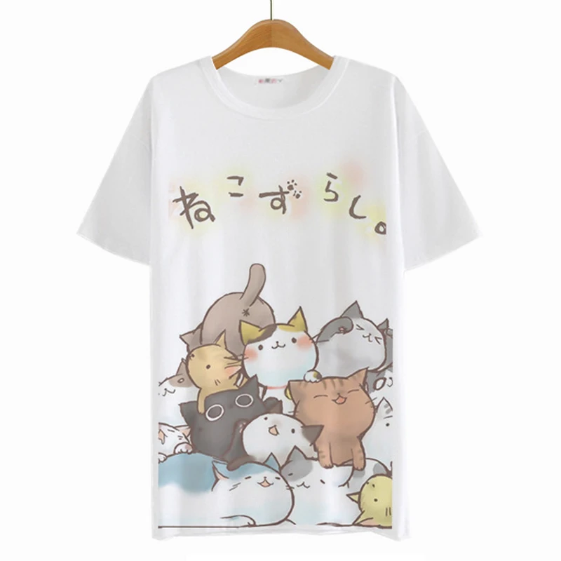 Белый Футболки женские топ Лето кошка топы рубашка женская Neko Тройники Harajuku Футболка Японский Каваи Atsume Neko Аниме Мультфильм Cos Футболки Лолита Милый Кот Двор Случайные Топы Тройник Женская Одежда WXC - Цвет: Белый
