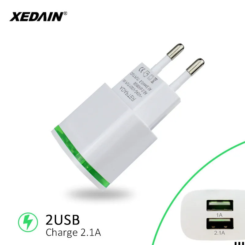 XEDAIN 2 порта USB зарядное устройство для телефона 5 В/2,1 а EU/USA штепсельная вилка настенного адаптера устройства микро Зарядка данных для iPhone huawei светодиодный светильник для мобильного телефона