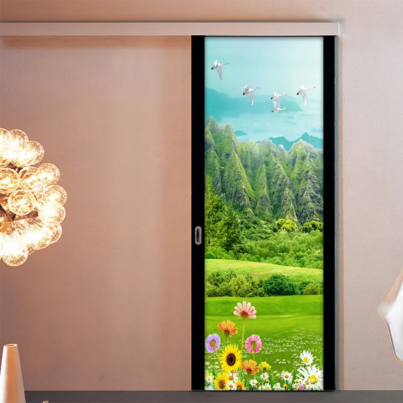 Green Mountain Grassland Floral Flower Door Sticker Wall Mural Wallpaper Decor PVC Waterproof Self-adhesive Poster Stickers | Дом и сад