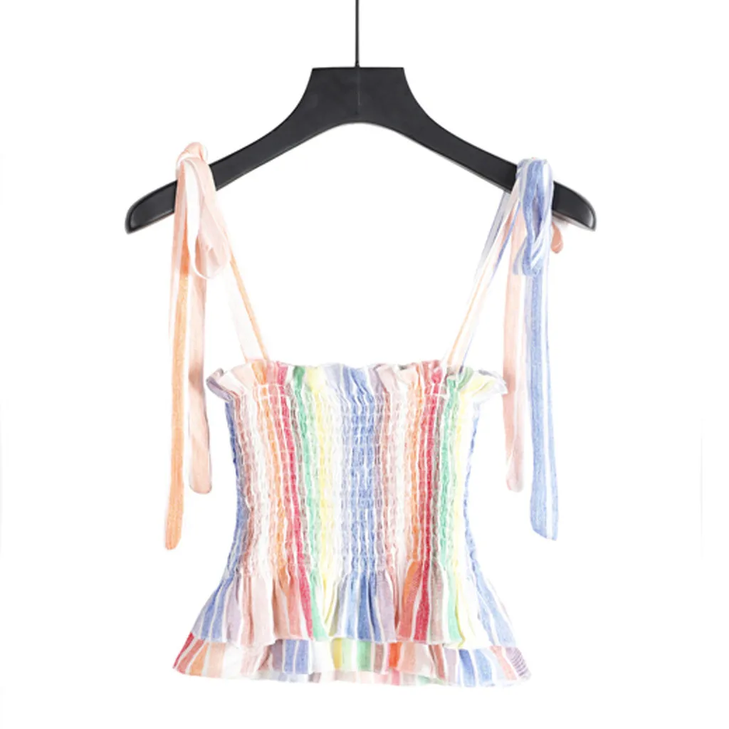 Сексуальный женский укороченный топ на бретельках богемский полосатый с