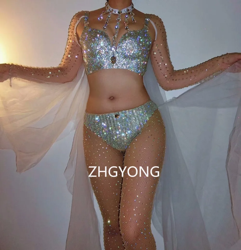 

Silvery Crystals Diamond Bikini suits sexy Bar Nightclub DJ jazz costumes Prom Party singer Model show performance stage outfits