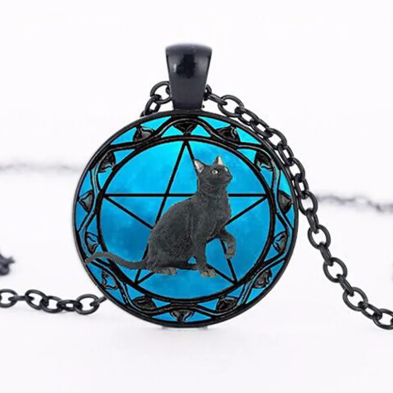 Черные кулоны с изображением черной кошки для викканских женщин, Wicca пентаграмма кристалльное ожерелье с голубым кулоном.