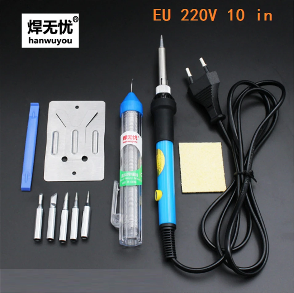 

10in1 60w Adjustable Temperature Soldering Iron Kit+5Tips+Soldering Iron Stand+Solder Wire+Crowbar+Clean cotton 4 plug optional