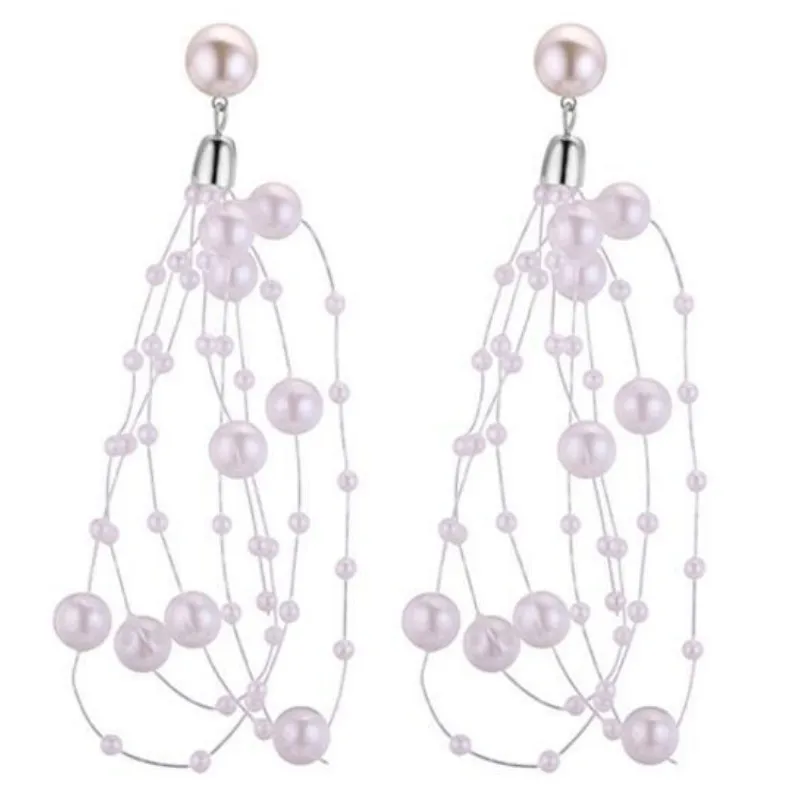 

Elegant Women Multi Layer Long Tassel Simulated Pearl Woman Earrings Fashion Personality Round Pearl Wedding Earring jewelry